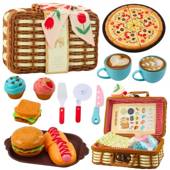 LEAN TOYS Piknikukorvi komplekt punutud toidutarvikutega 33 tk