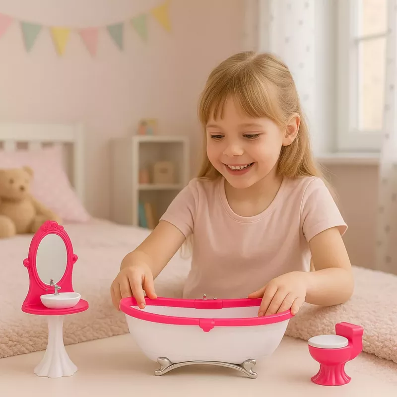 LEAN TOYS Nukumaja vannitoakomplekt: vann, tualett, kraanikauss peegliga