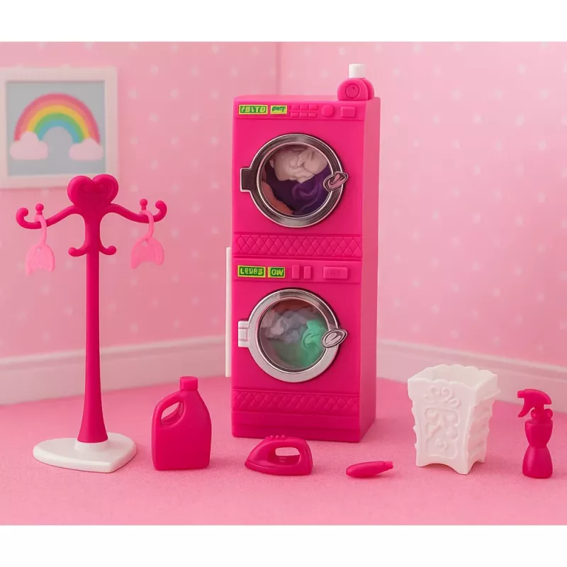 LEAN TOYS Nukumajapidamiskomplekt Pesumasin Kuivati Korv Riidepuud Roosa