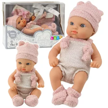 LEAN TOYS Beebinukk, roosa riietus, müts, põll, 18 cm