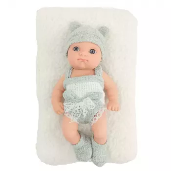 LEAN TOYS Beebinukk tekiga, valge ja hall riietus, müts, 18 cm