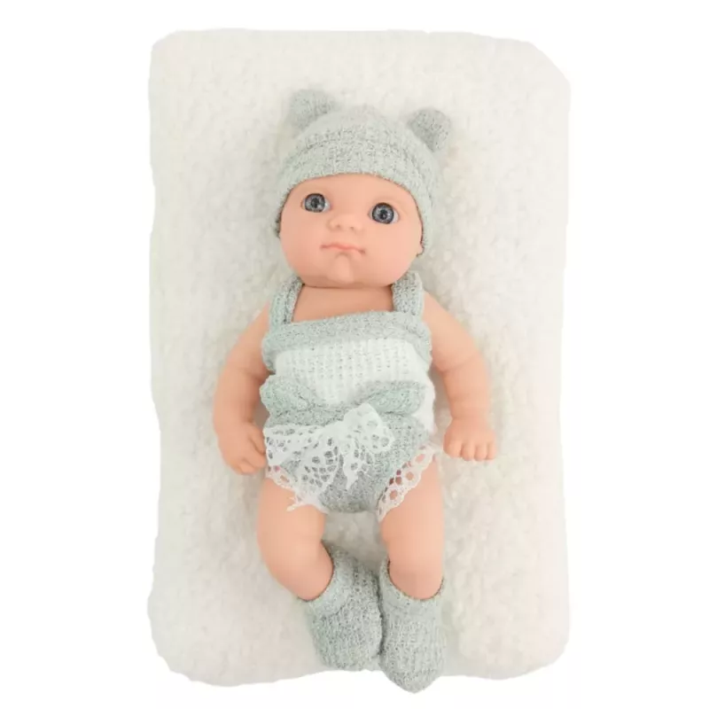 LEAN TOYS Beebinukk tekiga, valge ja hall riietus, müts, 18 cm