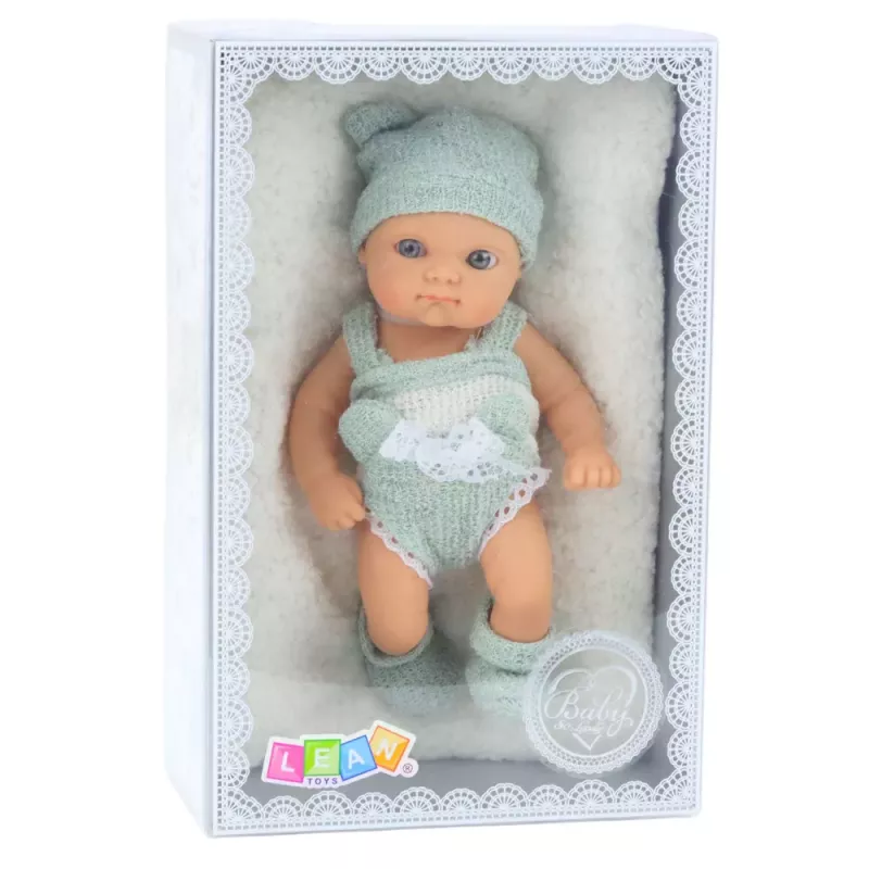 LEAN TOYS Beebinukk tekiga, valge ja hall riietus, müts, 18 cm