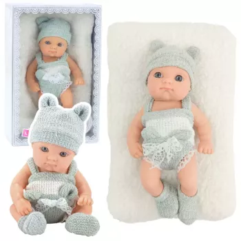 LEAN TOYS Beebinukk tekiga, valge ja hall riietus, müts, 18 cm