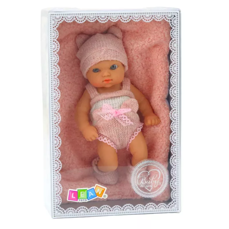 LEAN TOYS Beebinukk tekiga, valged ja roosad riided, müts, 18 cm