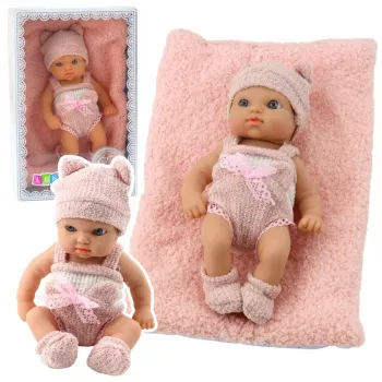 LEAN TOYS Beebinukk tekiga, valged ja roosad riided, müts, 18 cm
