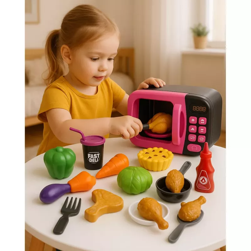 LEAN TOYS Mängumikrolaineahi Lastele Toit 360 Pöörlemine Tuled Helid Roosa