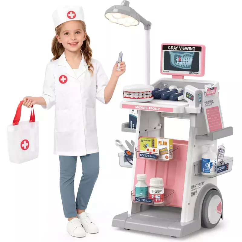 LEAN TOYS Arsti-Hambaarsti Komplekt Meditsiinikäru Valgustusega Roosa 26 tk
