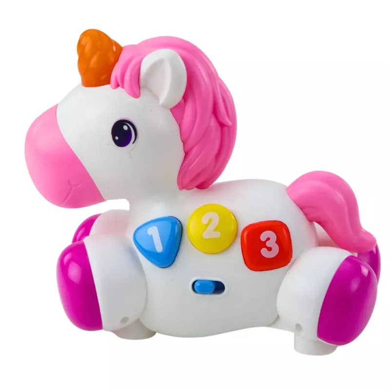 LEAN TOYS Interaktiivne mänguasi väikelastele – Ükssarvik ratastel, tuled ja helid
