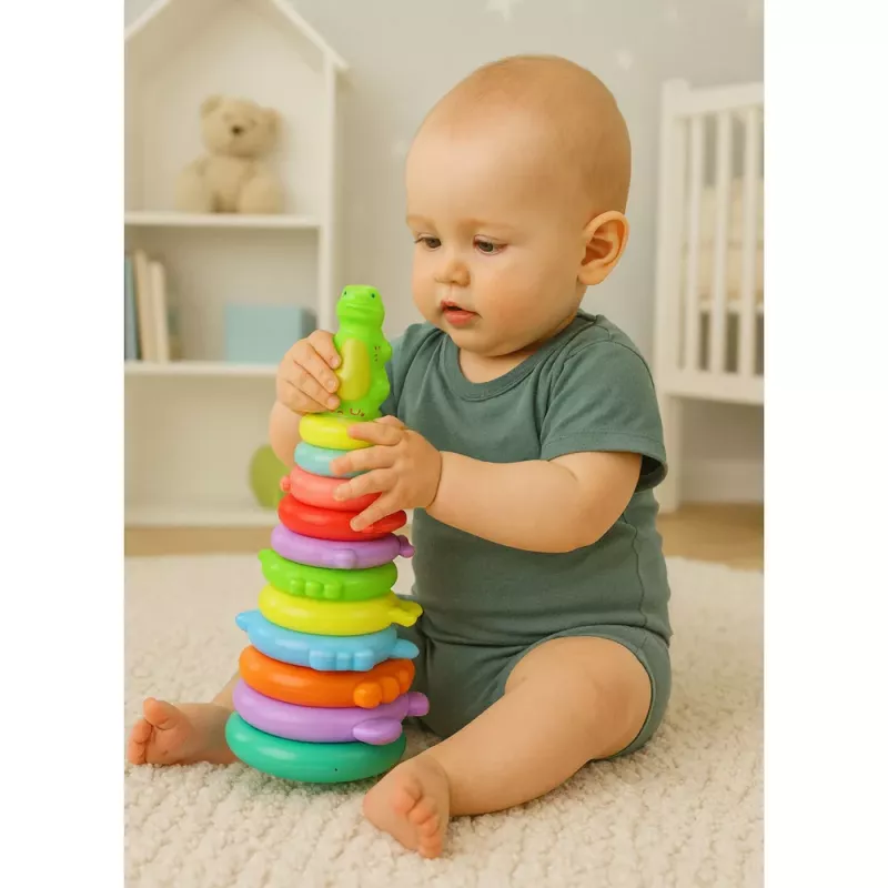 LEAN TOYS Hariv püramiidpuzzle dinosauruse kujundite ja kleebistega, 12 taset