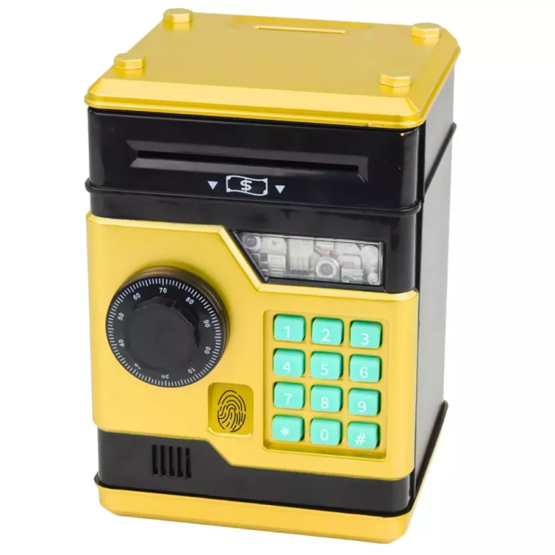 LEAN TOYS ATM Electronic Safe Piggy Bank with Lights and Sounds, PIN Code, Gold
