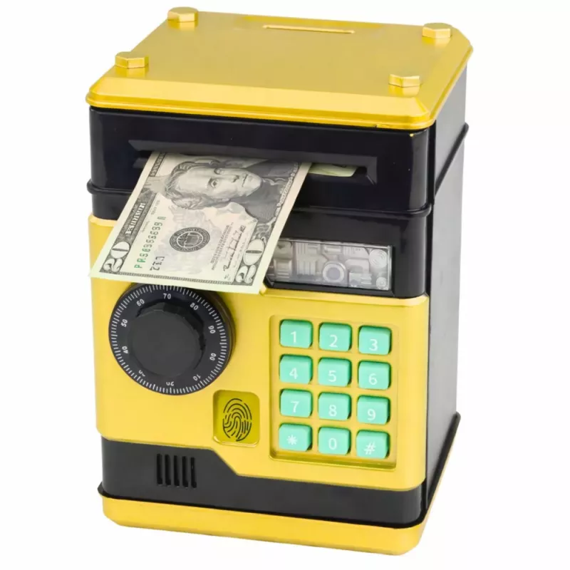 LEAN TOYS ATM Electronic Safe Piggy Bank with Lights and Sounds, PIN Code, Gold