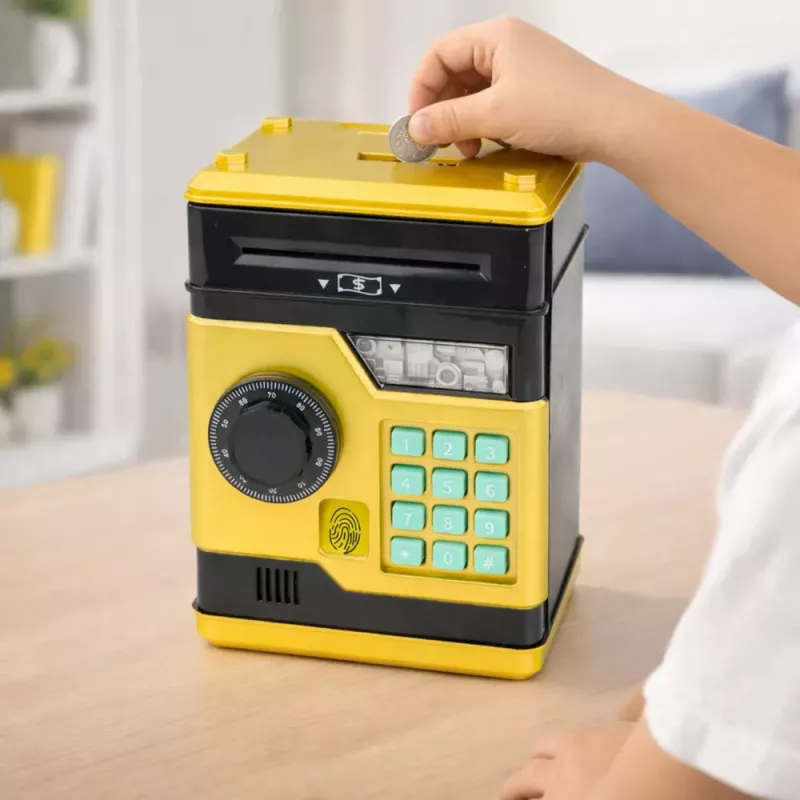 LEAN TOYS ATM Electronic Safe Piggy Bank with Lights and Sounds, PIN Code, Gold