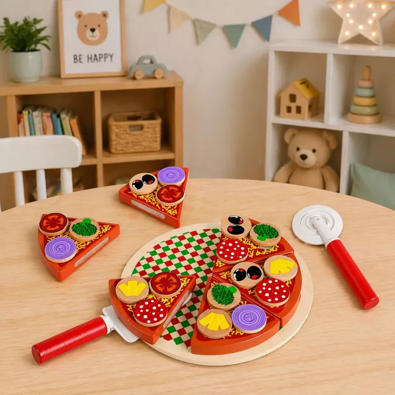 LEAN TOYS Wooden Pizza Cutting Set with Velcro Wheel and Cutting Board