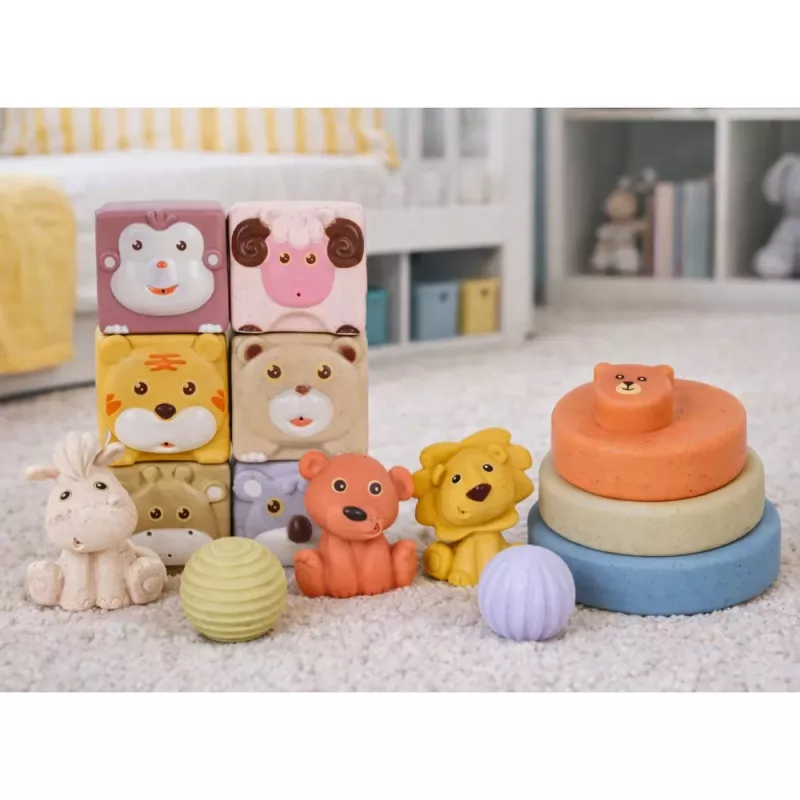 LEAN TOYS Pehmete sensoorsete harivate ECO klotside komplekt kummist loomad 18 tk