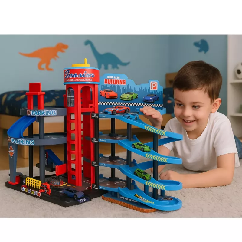 LEAN TOYS Parkimismaja autodega, 4-tasandiline rada, 8 metallist sõidukit, kleebised
