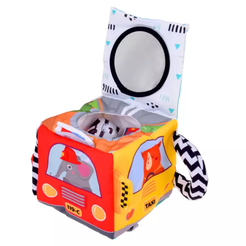 LEAN TOYS Pehme sensoorne kuubik peegli, autode ja liiklusmärkidega väikelastele