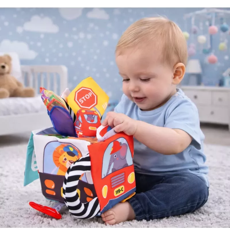 LEAN TOYS Pehme sensoorne kuubik peegli, autode ja liiklusmärkidega väikelastele