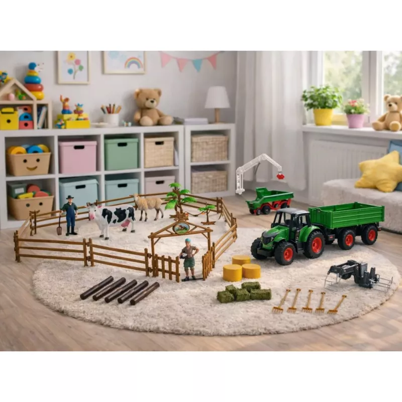 LEAN TOYS Põllumajanduskomplekt traktori, haagise, loomade, talunike ja taluga, 45 osa