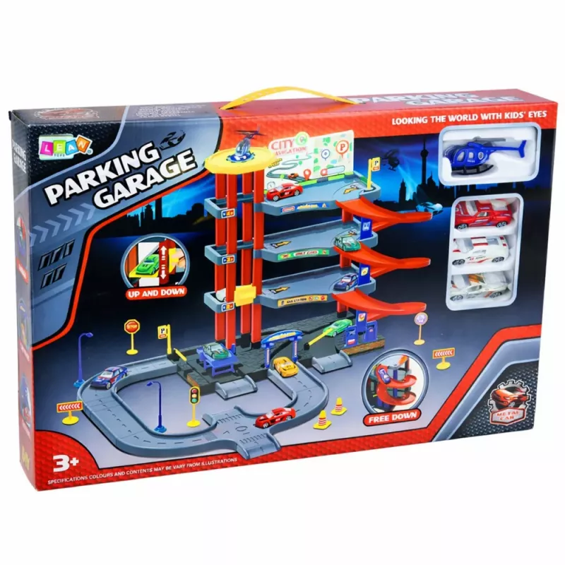 LEAN TOYS Mitmekorruseline Parkimismaja 4 Korrust Tõstuki Kopteri Autodega 70 Osaga