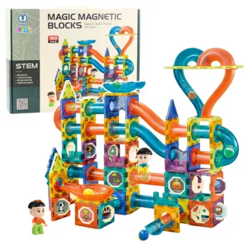 LEAN TOYS Magnetplokkide komplekt palliraja ja liumäega, värviline, 188 tk