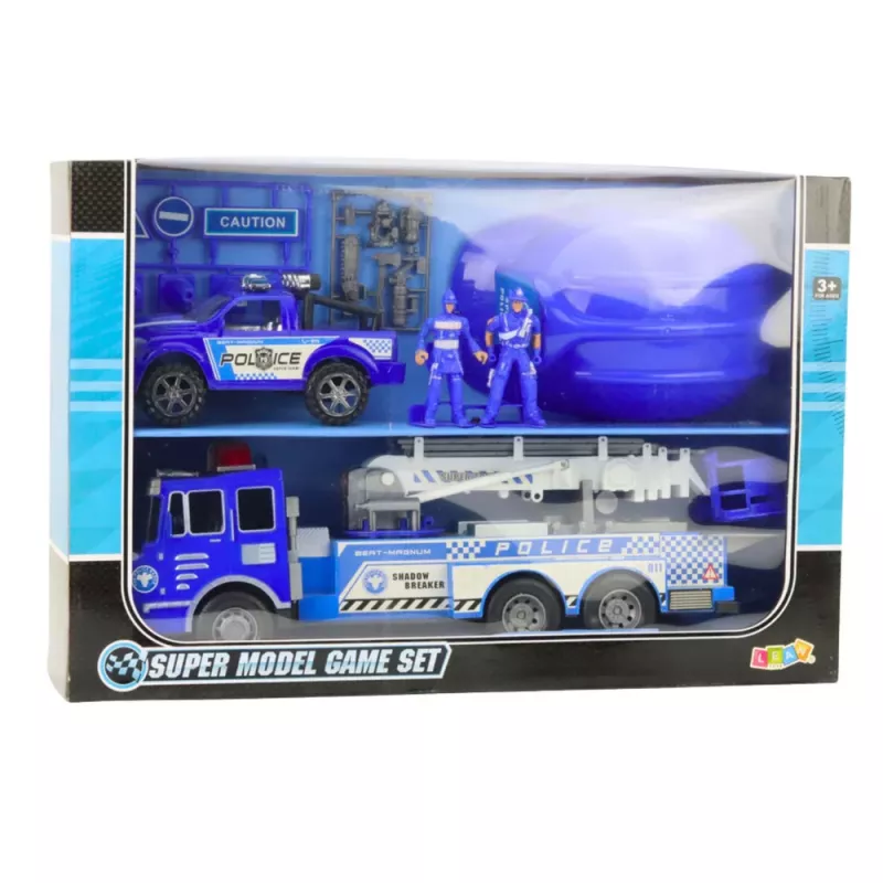 LEAN TOYS Suur politseiauto kujukeste ja kiivri komplekt lastele, sinine