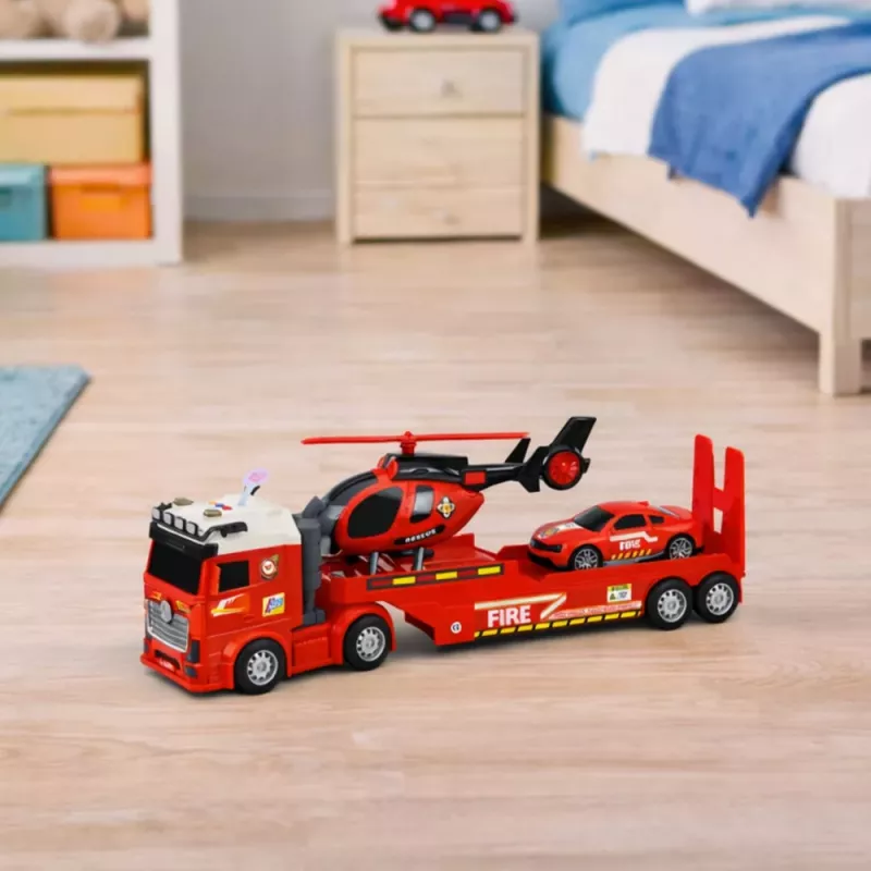 LEAN TOYS Päästekomplekt tuletõrjeauto, puksiirauto, helikopteri ja autoga, tulede ja heliga
