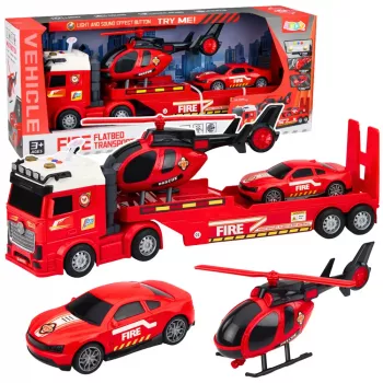 LEAN TOYS Päästekomplekt tuletõrjeauto, puksiirauto, helikopteri ja autoga, tulede ja heliga