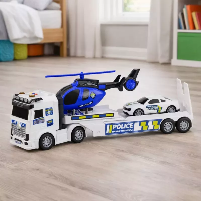 LEAN TOYS Politseiveok, Puksiirveok, Auto, Helikopter, Tuled ja Helid Komplekt