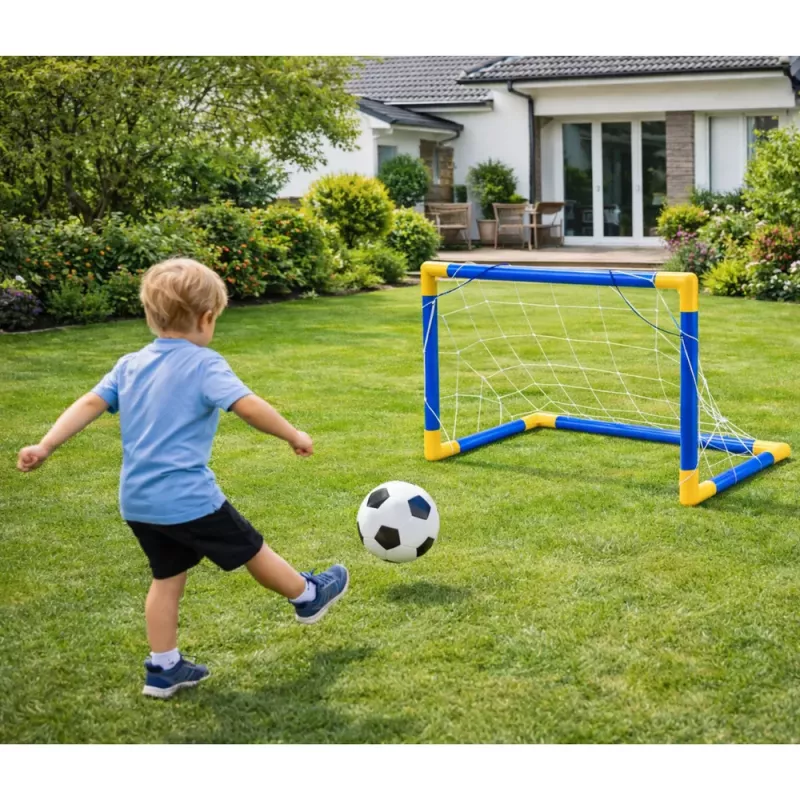 LEAN TOYS Spordikomplekt jalgpalli mängimiseks, jalgpallivärav, pall, pump 62x40cm