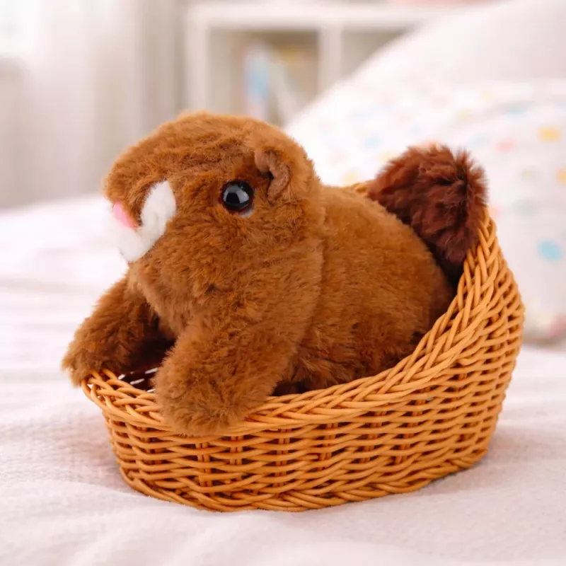 LEAN TOYS Plush Interactive Squirrel in a Basket Walks and Makes Sounds Brown