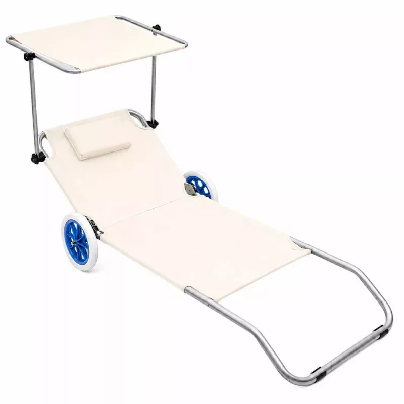 LEAN Beach Deckchair on Wheels, Garden, Folding, Aluminum Canopy, Cream