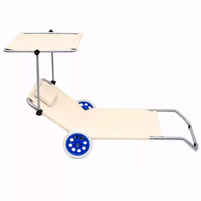 LEAN Beach Deckchair on Wheels, Garden, Folding, Aluminum Canopy, Cream