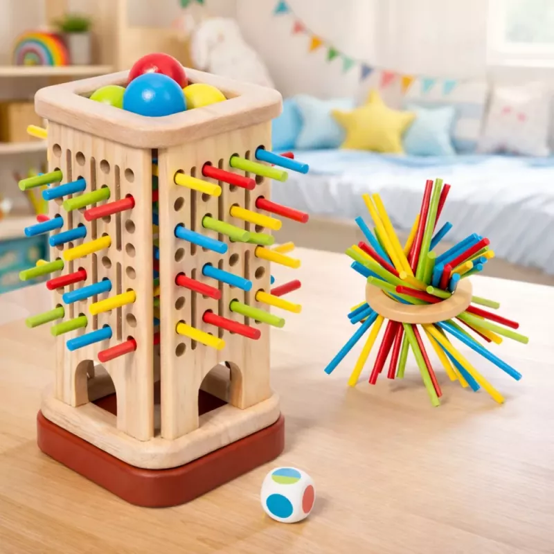 LEAN TOYS Wooden Educational Skill Game Tower Sticks Balls Dice 37 pcs