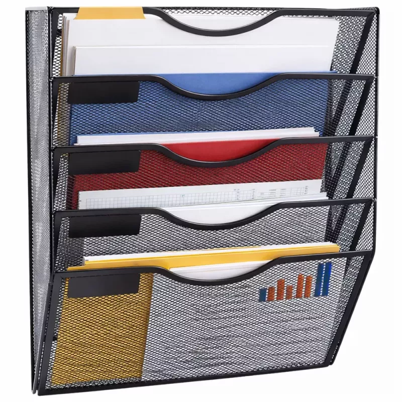 LEAN Metal Organizer for Documents and Newspapers, Wall Shelf, 5 Compartments, A4, Black