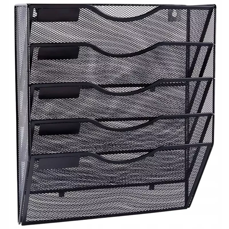 LEAN Metal Organizer for Documents and Newspapers, Wall Shelf, 5 Compartments, A4, Black