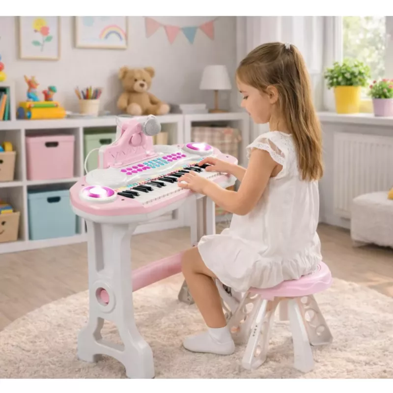 LEAN TOYS Elektrooniline klaveriorgan lastele koos taburetiga, mikrofoniga, MP3-ga - Roosa