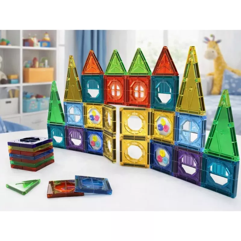 LEAN TOYS Magnetiliste ehitusklotside komplekt 3D akende ja värviliste paneelidega, 56 tk