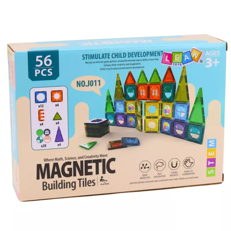 LEAN TOYS Magnetiliste ehitusklotside komplekt 3D akende ja värviliste paneelidega, 56 tk