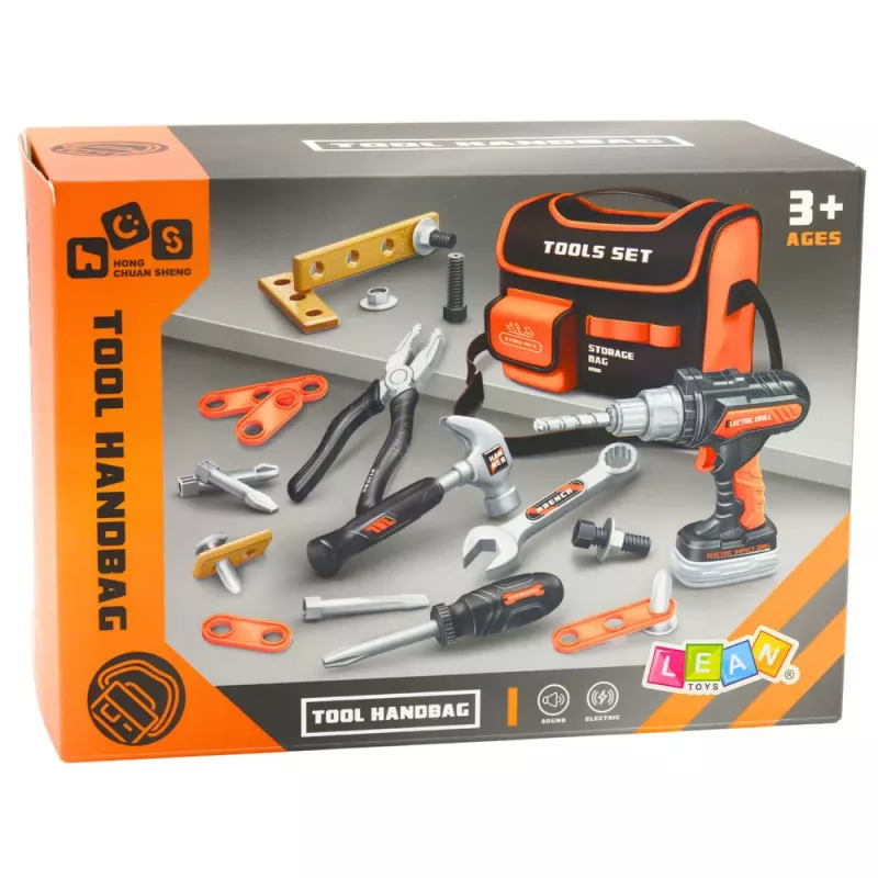 LEAN TOYS DIY tööriistakomplekt kotis, puur ja kruvikeeraja, 25 tk