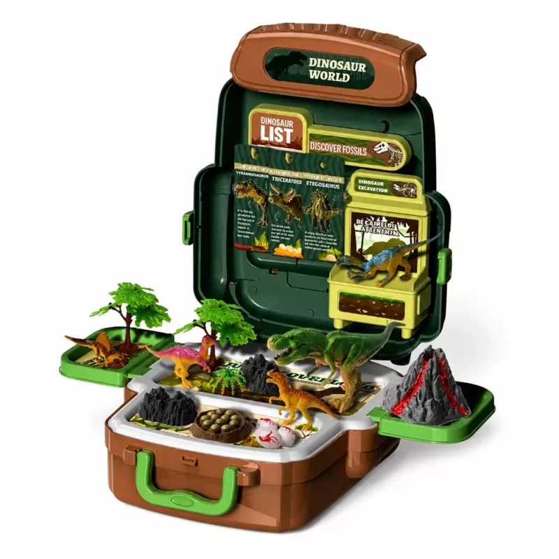 LEAN TOYS Dinosauruste komplekt seljakotis, kohvris, figuurid, õppekaardid, tarvikud, 30 tk.