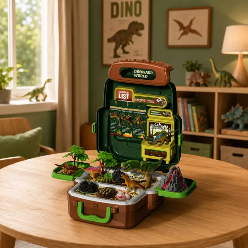 LEAN TOYS Dinosauruste komplekt seljakotis, kohvris, figuurid, õppekaardid, tarvikud, 30 tk.