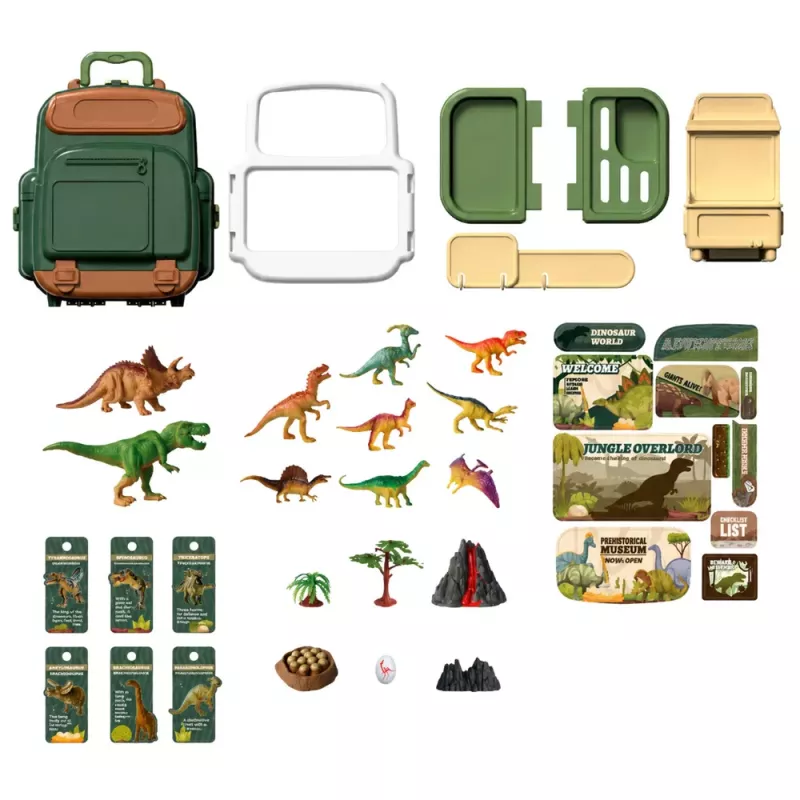 LEAN TOYS Dinosauruste komplekt seljakotis, kohvris, figuurid, õppekaardid, tarvikud, 30 tk.