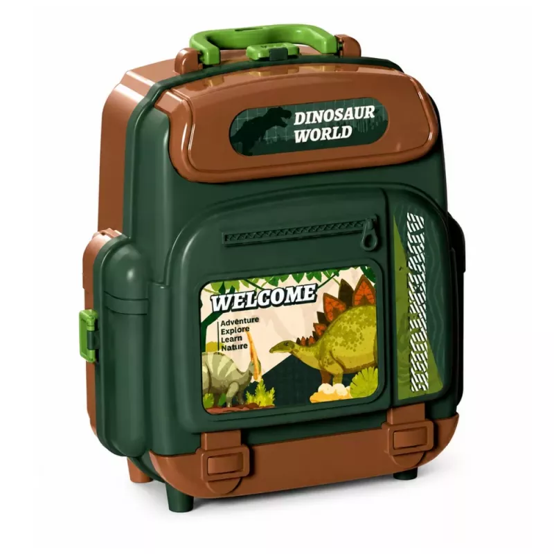 LEAN TOYS Dinosauruste komplekt seljakotis, kohvris, figuurid, õppekaardid, tarvikud, 30 tk.