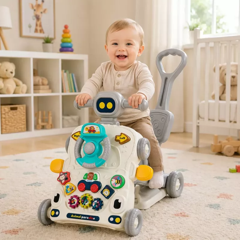 LEAN TOYS Interaktiivne Õppimisratas, Lükkeratas, Laud, Tõukeratas 5 in 1 Hall
