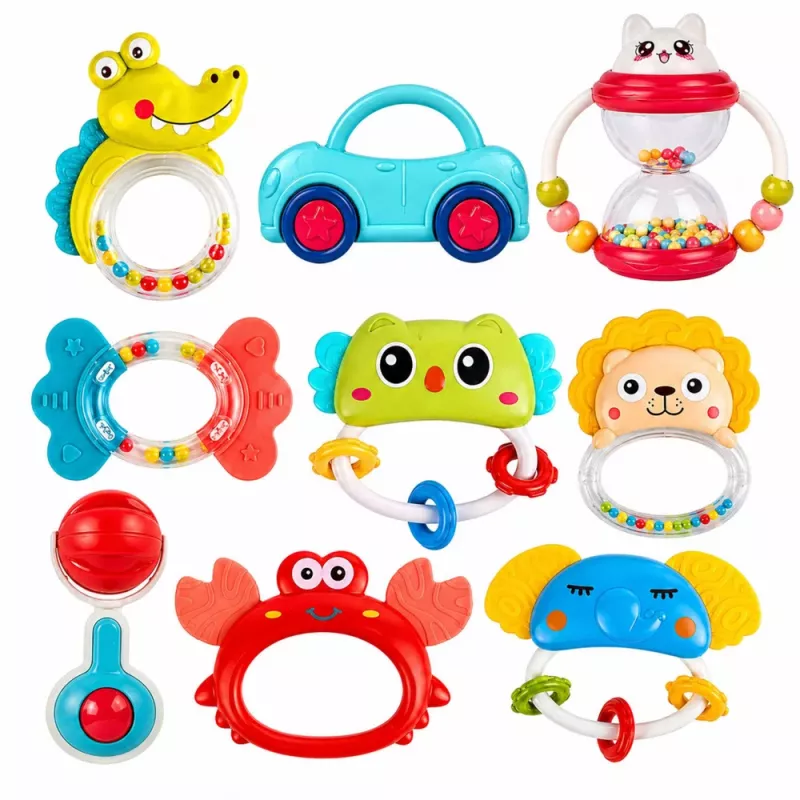 LEAN TOYS Komplekt kõristeid, hammastustarvikuid ja mänguasju väikelastele, värvilised, liikuvad, 9 tk