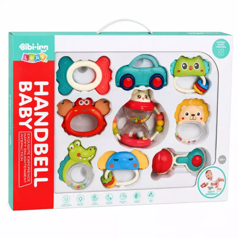 LEAN TOYS Komplekt kõristeid, hammastustarvikuid ja mänguasju väikelastele, värvilised, liikuvad, 9 tk