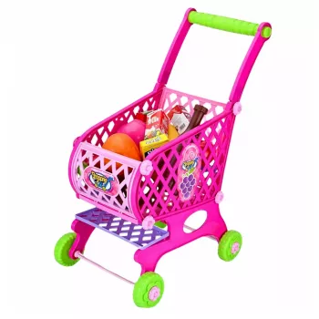 LEAN TOYS Suur ostukorv lastele toidukaupadega, roosa, 52 cm, 46 tk