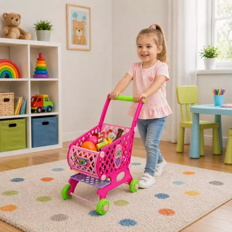 LEAN TOYS Suur ostukorv lastele toidukaupadega, roosa, 52 cm, 46 tk