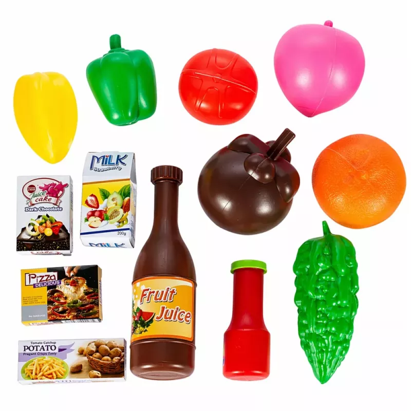 LEAN TOYS Suur ostukorv lastele toidukaupadega, roosa, 52 cm, 46 tk